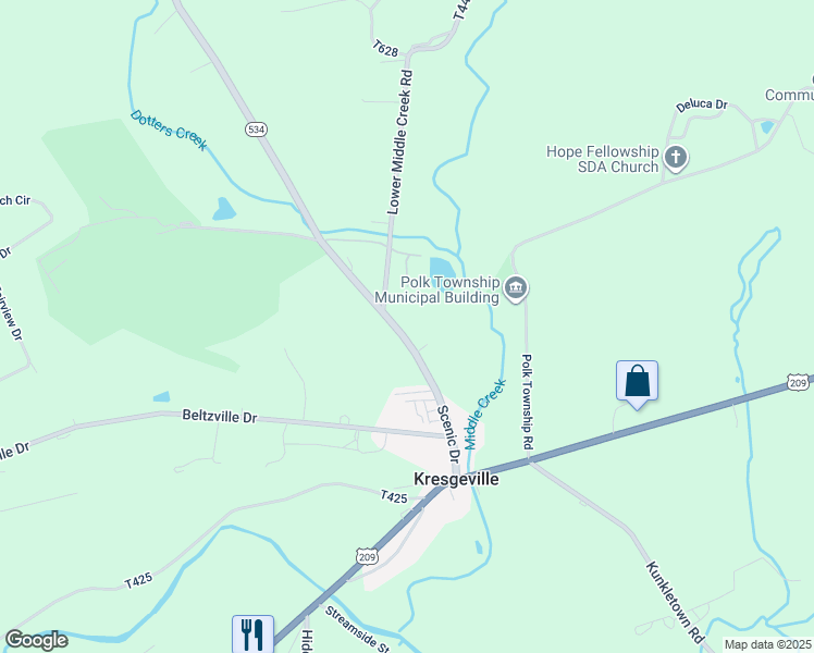map of restaurants, bars, coffee shops, grocery stores, and more near 172 Scenic Drive in Kunkletown