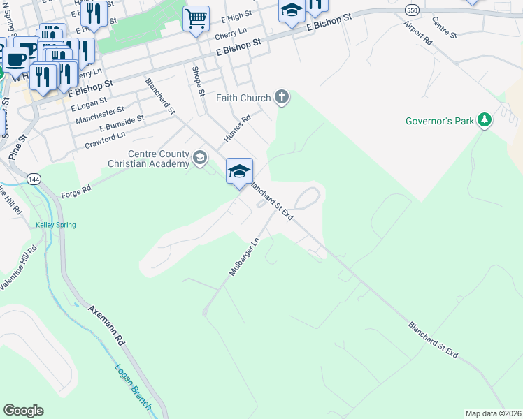 map of restaurants, bars, coffee shops, grocery stores, and more near 100-198 Mulbarger Lane in Bellefonte