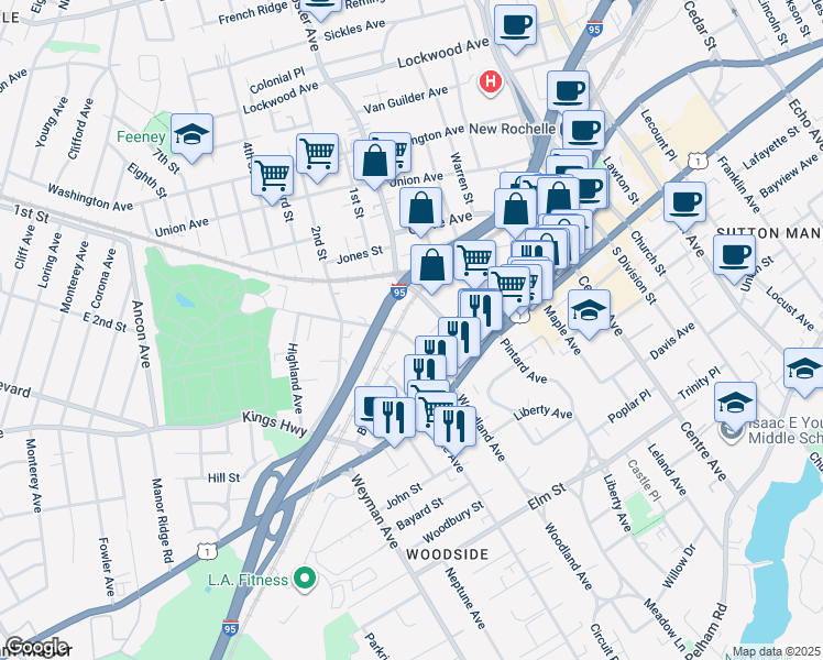 map of restaurants, bars, coffee shops, grocery stores, and more near 58 Beechwood Avenue in New Rochelle