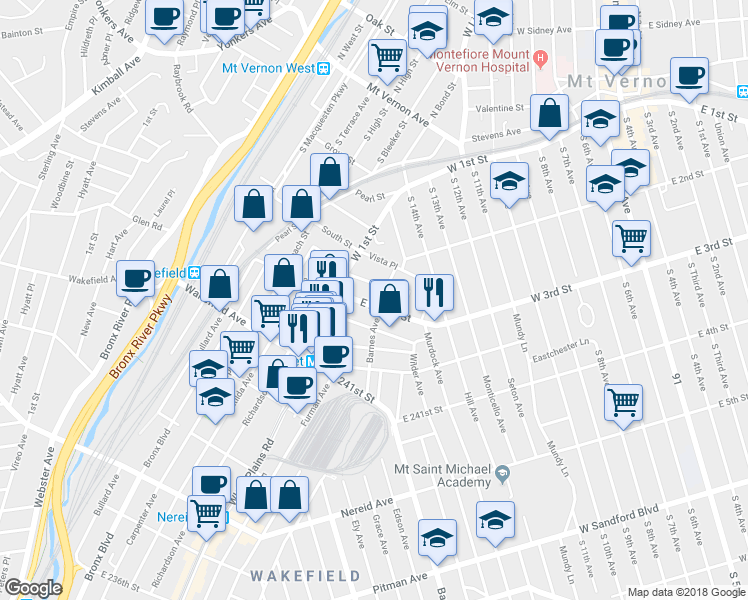 map of restaurants, bars, coffee shops, grocery stores, and more near 4781 Barnes Avenue in Bronx
