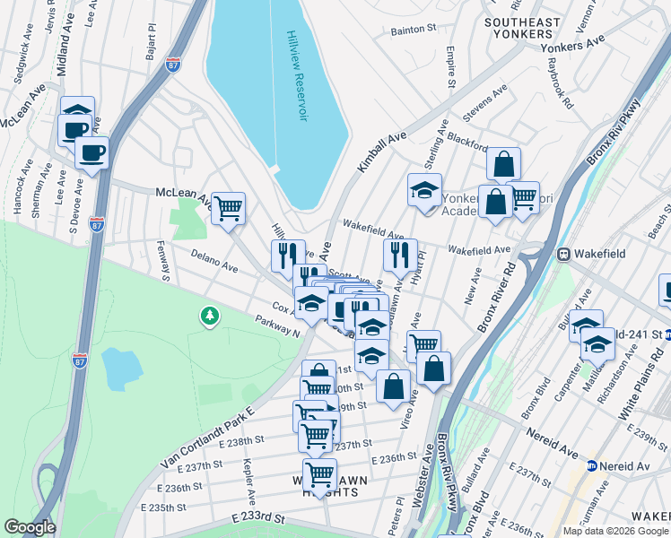 map of restaurants, bars, coffee shops, grocery stores, and more near 45 Glover Avenue in Yonkers