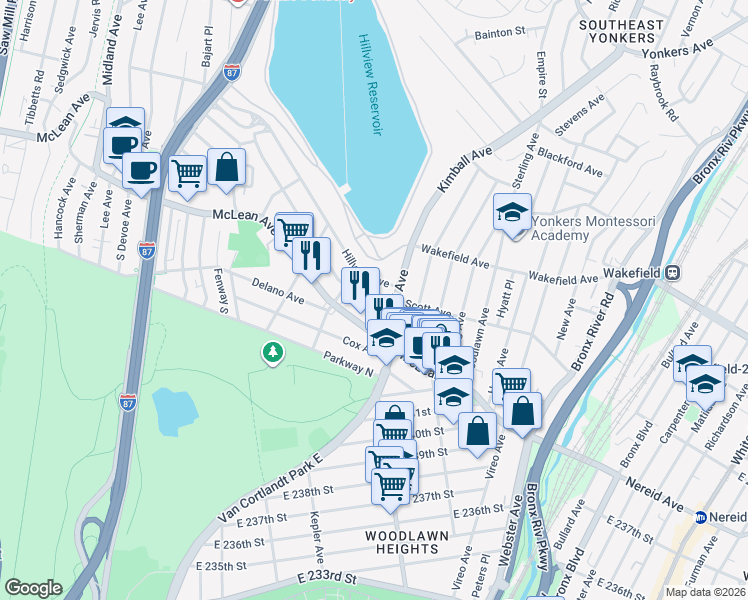 map of restaurants, bars, coffee shops, grocery stores, and more near 886 McLean Avenue in Yonkers