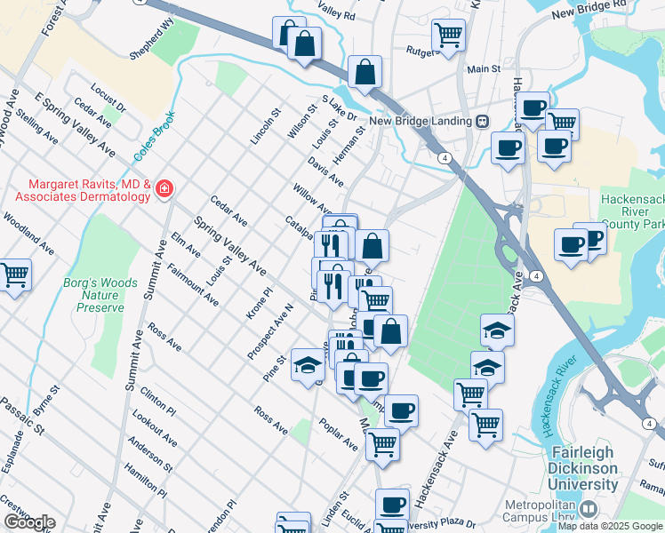 map of restaurants, bars, coffee shops, grocery stores, and more near 150 Pine Street in Hackensack