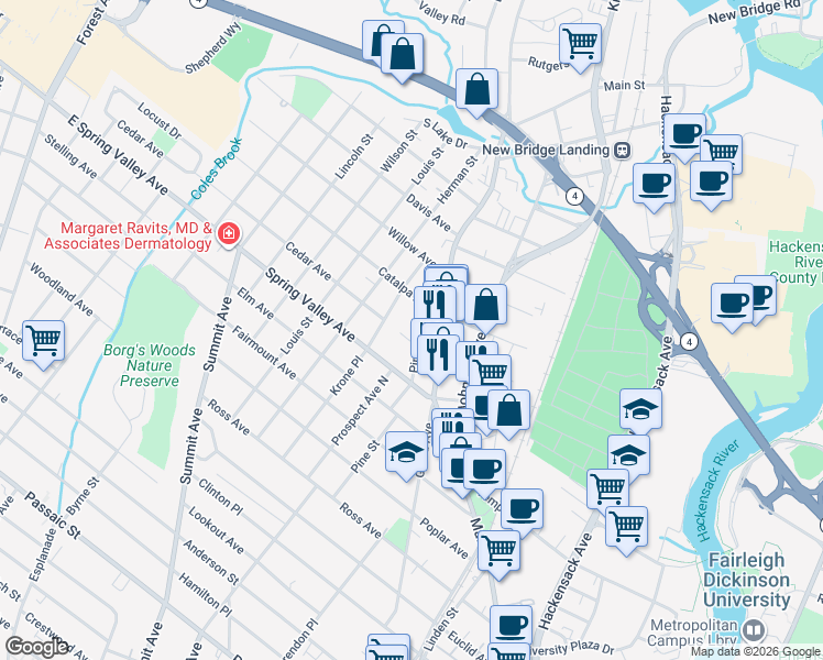 map of restaurants, bars, coffee shops, grocery stores, and more near 150 Pine Street in Hackensack