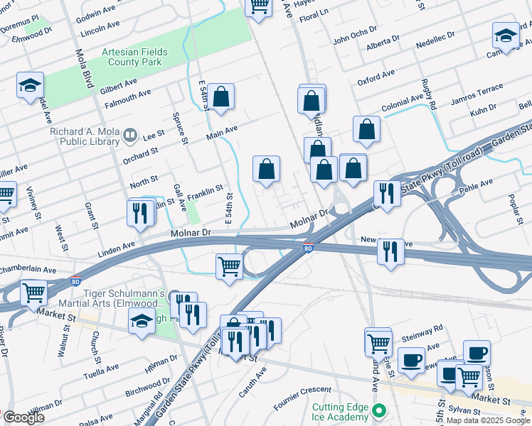 map of restaurants, bars, coffee shops, grocery stores, and more near 5 Chobot Lane in Elmwood Park