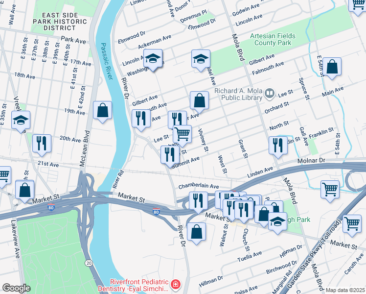 map of restaurants, bars, coffee shops, grocery stores, and more near 24 Grove Street in Elmwood Park
