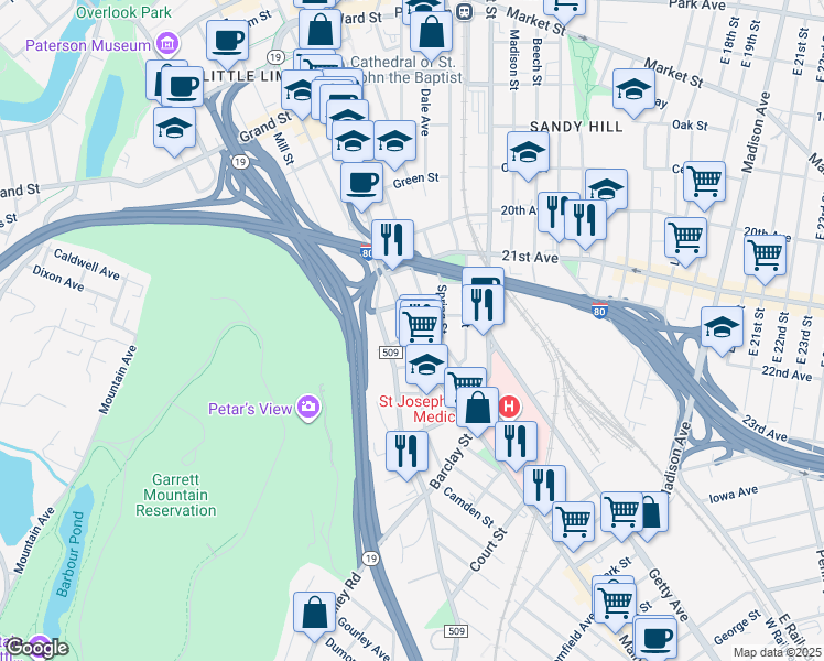 map of restaurants, bars, coffee shops, grocery stores, and more near 611 County Road 509 in Paterson