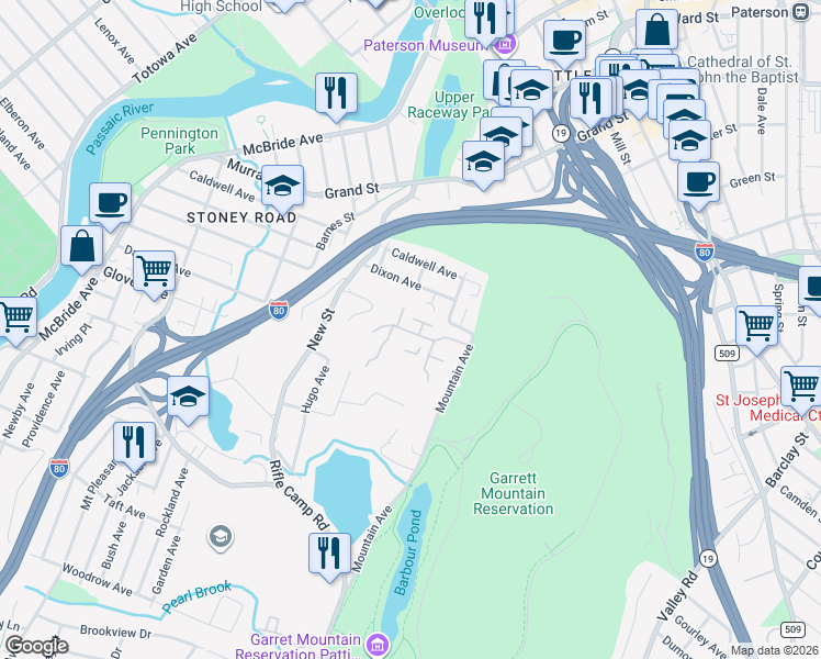 map of restaurants, bars, coffee shops, grocery stores, and more near 132 Quartz Lane in Paterson