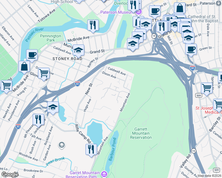 map of restaurants, bars, coffee shops, grocery stores, and more near 132 Quartz Lane in Paterson