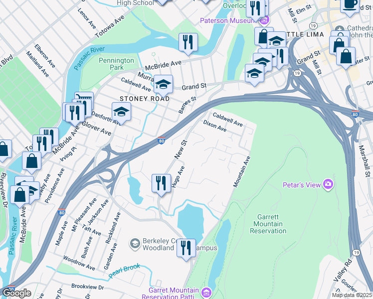 map of restaurants, bars, coffee shops, grocery stores, and more near 155 New Street in Paterson