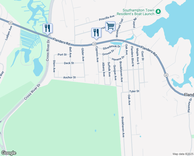 map of restaurants, bars, coffee shops, grocery stores, and more near 125 Cypress Avenue in Riverhead