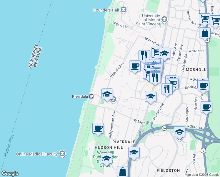 map of restaurants, bars, coffee shops, grocery stores, and more near 714 Ladd Road in Bronx