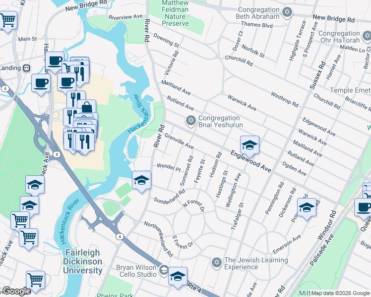 map of restaurants, bars, coffee shops, grocery stores, and more near 1349 Mercedes Street in Teaneck