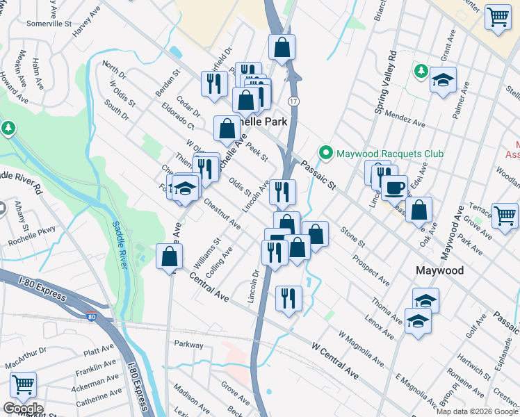 map of restaurants, bars, coffee shops, grocery stores, and more near 74 Marinus Street in Rochelle Park