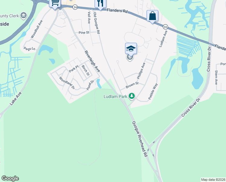 map of restaurants, bars, coffee shops, grocery stores, and more near 249 Old Quogue Road in Riverhead