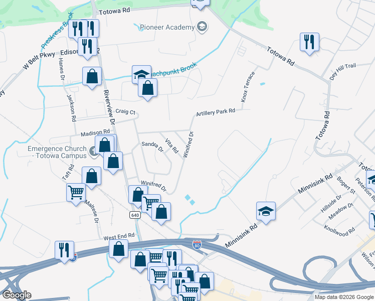 map of restaurants, bars, coffee shops, grocery stores, and more near 201 Winifred Drive in Totowa