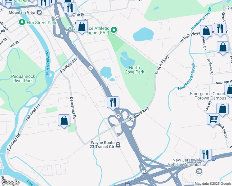 map of restaurants, bars, coffee shops, grocery stores, and more near 650 New Jersey 23 in Wayne