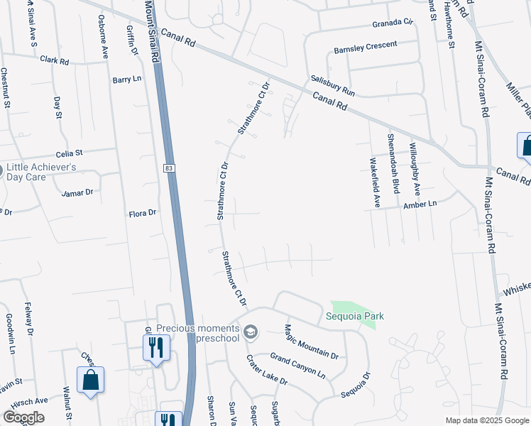 map of restaurants, bars, coffee shops, grocery stores, and more near 25 Hampton Court in Coram