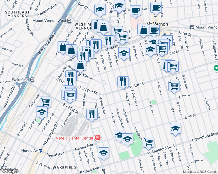 map of restaurants, bars, coffee shops, grocery stores, and more near 212 West 3rd Street in Mount Vernon