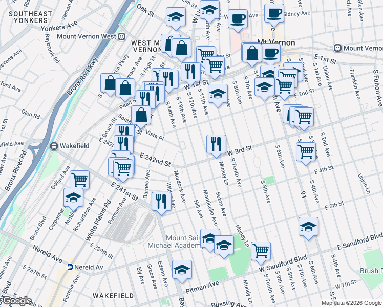 map of restaurants, bars, coffee shops, grocery stores, and more near 148 South 13th Avenue in Mount Vernon