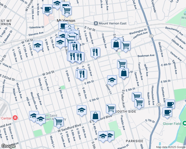 map of restaurants, bars, coffee shops, grocery stores, and more near 260 South 2nd Avenue in Mount Vernon