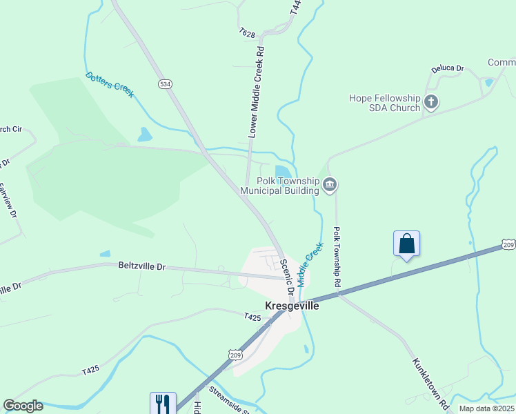 map of restaurants, bars, coffee shops, grocery stores, and more near 172 Scenic Drive in Kunkletown