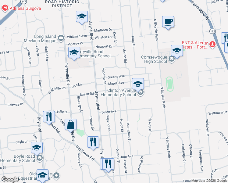 map of restaurants, bars, coffee shops, grocery stores, and more near 4 Ontario Street in Port Jefferson Station