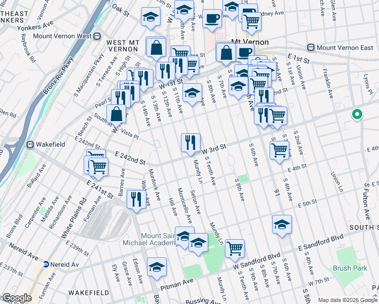 map of restaurants, bars, coffee shops, grocery stores, and more near in Mount Vernon