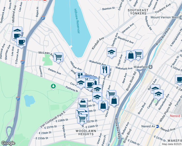 map of restaurants, bars, coffee shops, grocery stores, and more near 45 Glover Avenue in Yonkers