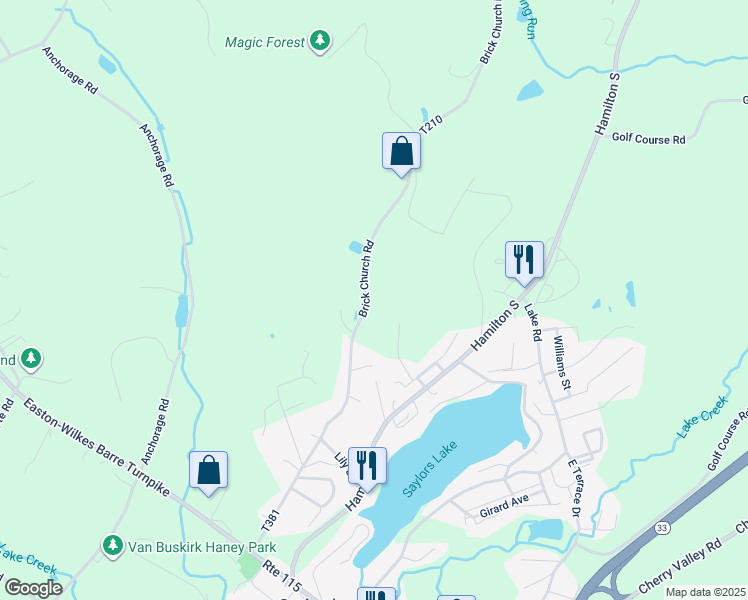 map of restaurants, bars, coffee shops, grocery stores, and more near 242 Brick Church Road in Saylorsburg