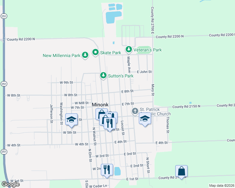 map of restaurants, bars, coffee shops, grocery stores, and more near 722 Locust Street in Minonk