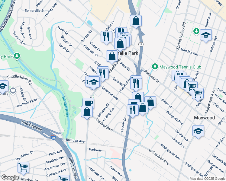 map of restaurants, bars, coffee shops, grocery stores, and more near 3 Lincoln Avenue in Rochelle Park