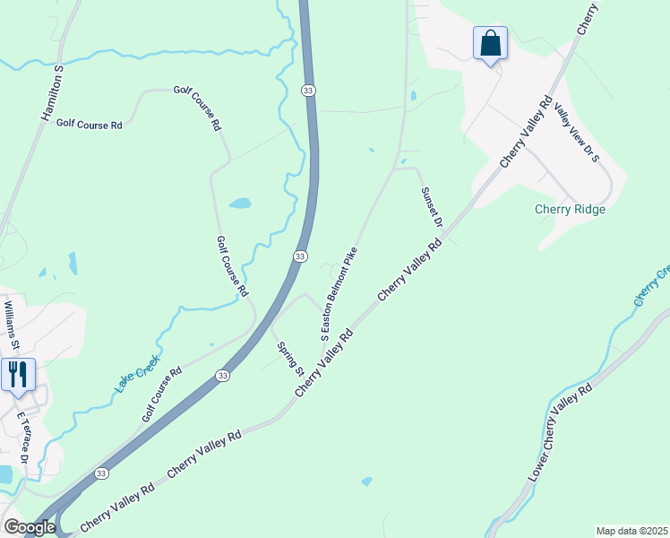 map of restaurants, bars, coffee shops, grocery stores, and more near 157 South Easton Belmont Pike in Saylorsburg