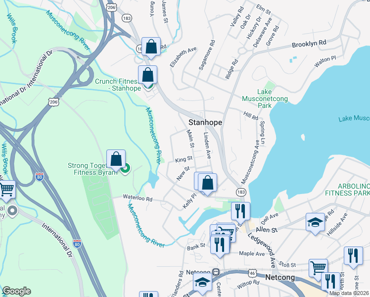 map of restaurants, bars, coffee shops, grocery stores, and more near 114 Main Street in Stanhope