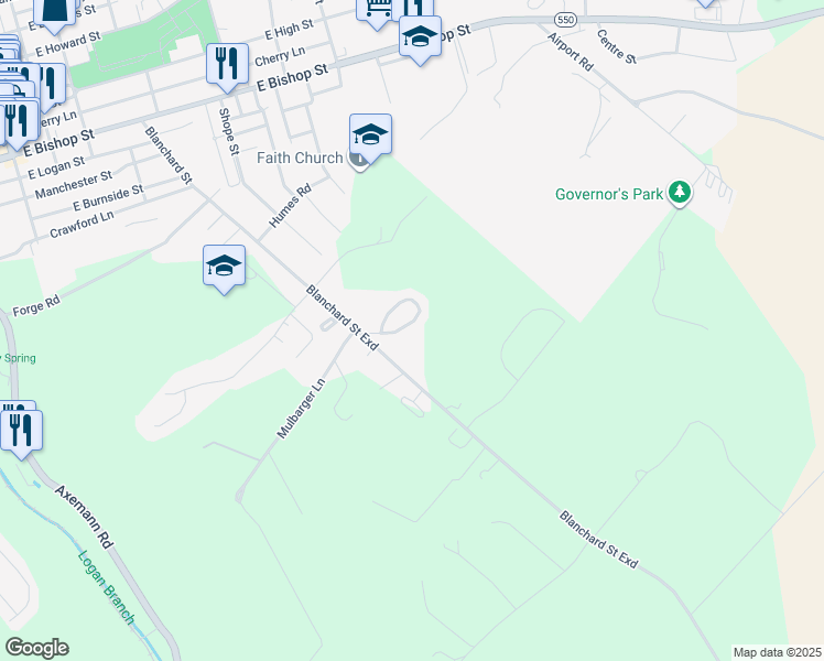 map of restaurants, bars, coffee shops, grocery stores, and more near 722 Blanchard Street in Bellefonte