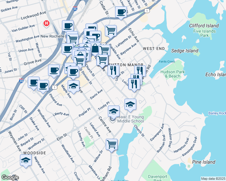 map of restaurants, bars, coffee shops, grocery stores, and more near 126 Church Street in New Rochelle