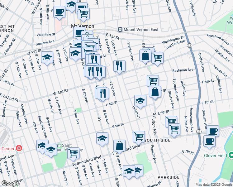 map of restaurants, bars, coffee shops, grocery stores, and more near 260 South 2nd Avenue in Mount Vernon