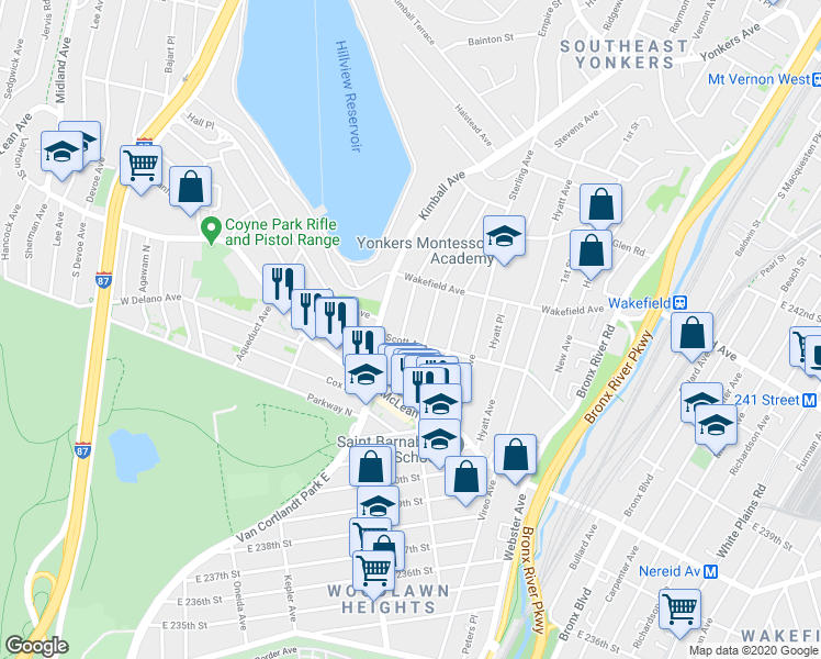 map of restaurants, bars, coffee shops, grocery stores, and more near 45 Glover Avenue in Yonkers