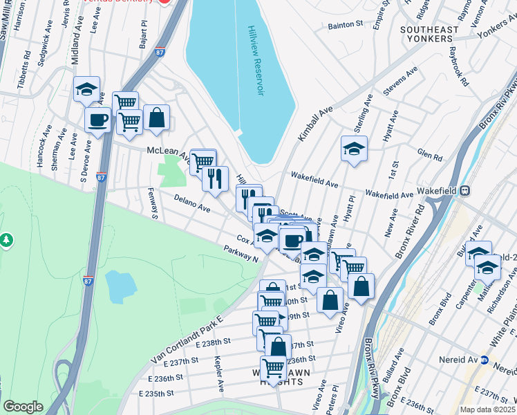 map of restaurants, bars, coffee shops, grocery stores, and more near 886 McLean Avenue in Yonkers