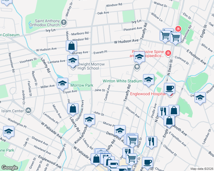 map of restaurants, bars, coffee shops, grocery stores, and more near 186 Jane Street in Englewood