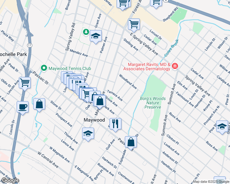 map of restaurants, bars, coffee shops, grocery stores, and more near 21 Grove Avenue in Maywood