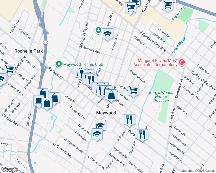 map of restaurants, bars, coffee shops, grocery stores, and more near 621 Maywood Avenue in Maywood