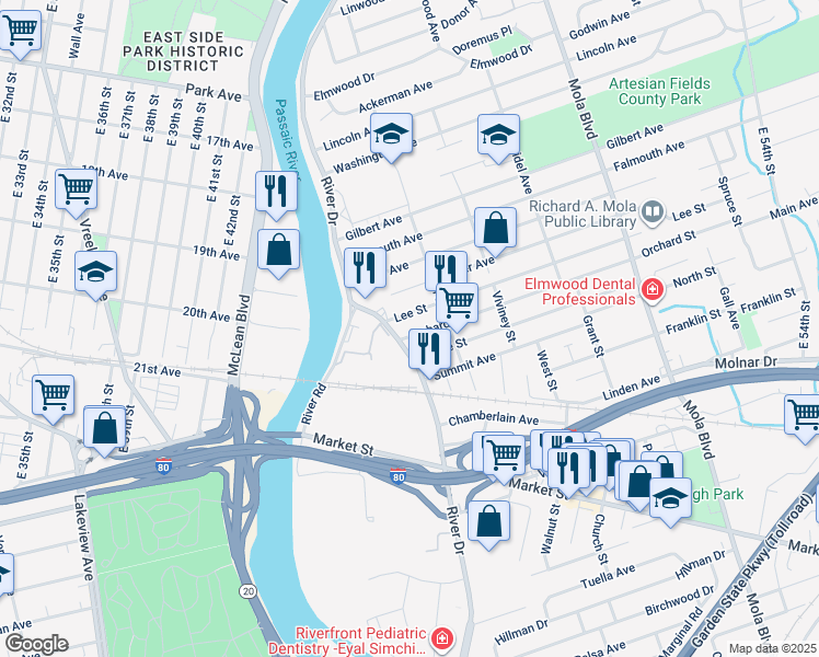 map of restaurants, bars, coffee shops, grocery stores, and more near 501 River Drive in Elmwood Park