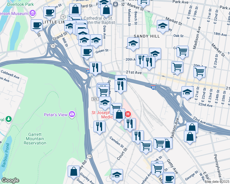 map of restaurants, bars, coffee shops, grocery stores, and more near 239 Spring Street in Paterson