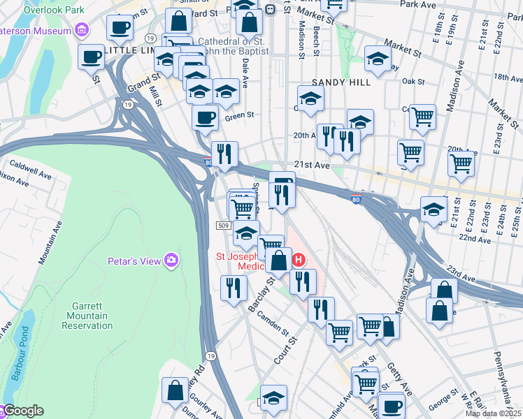 map of restaurants, bars, coffee shops, grocery stores, and more near 239 Spring Street in Paterson