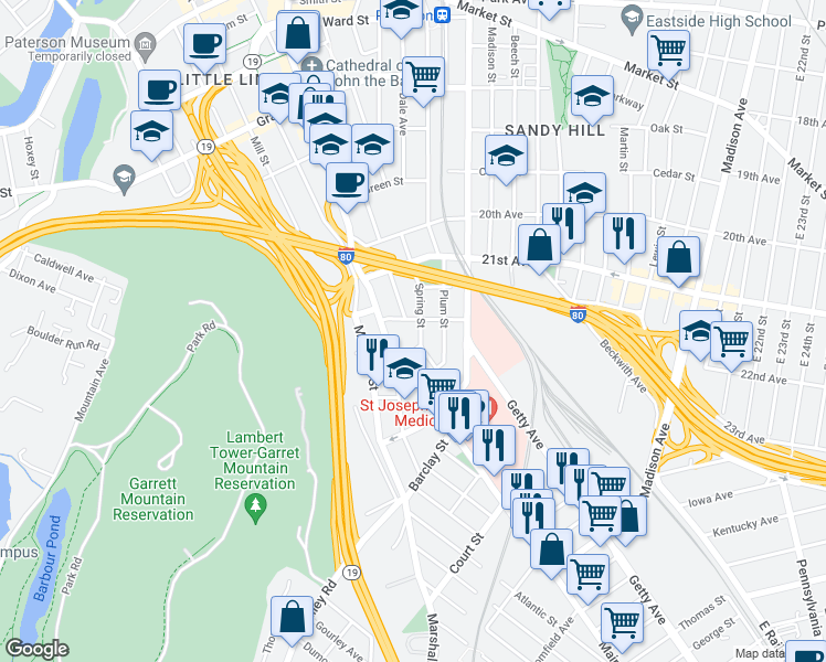 map of restaurants, bars, coffee shops, grocery stores, and more near 611 County Road 509 in Paterson