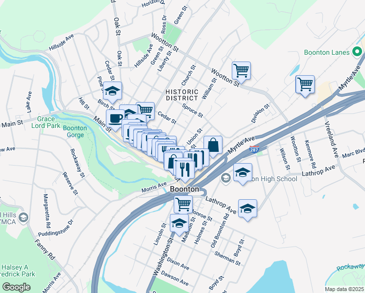 map of restaurants, bars, coffee shops, grocery stores, and more near 120 Birch Street in Boonton