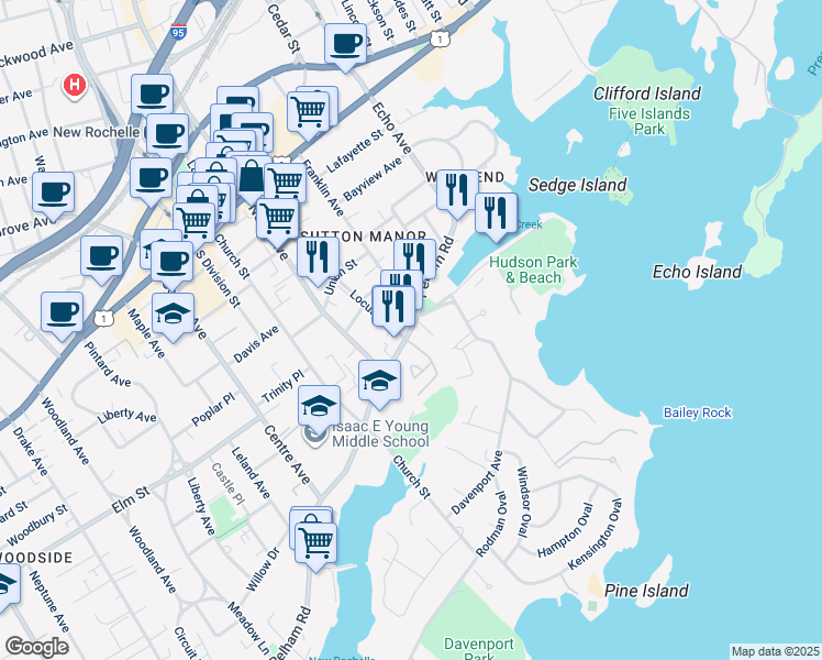 map of restaurants, bars, coffee shops, grocery stores, and more near 123 65 in New Rochelle