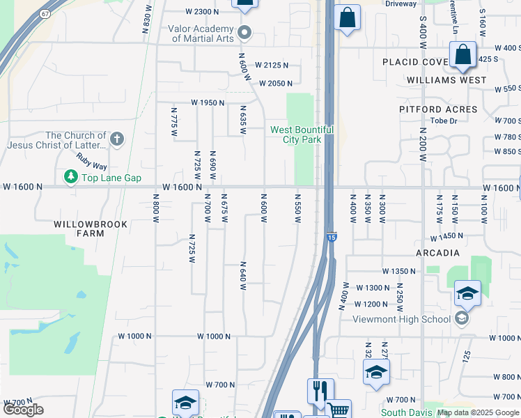 map of restaurants, bars, coffee shops, grocery stores, and more near 608 West 1500 North in West Bountiful