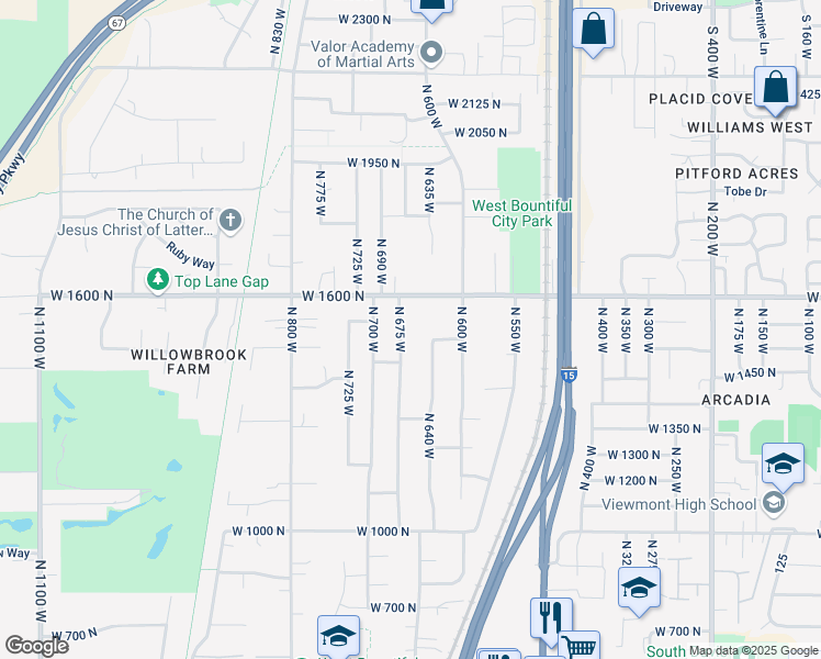map of restaurants, bars, coffee shops, grocery stores, and more near 1485 North 640 West in West Bountiful